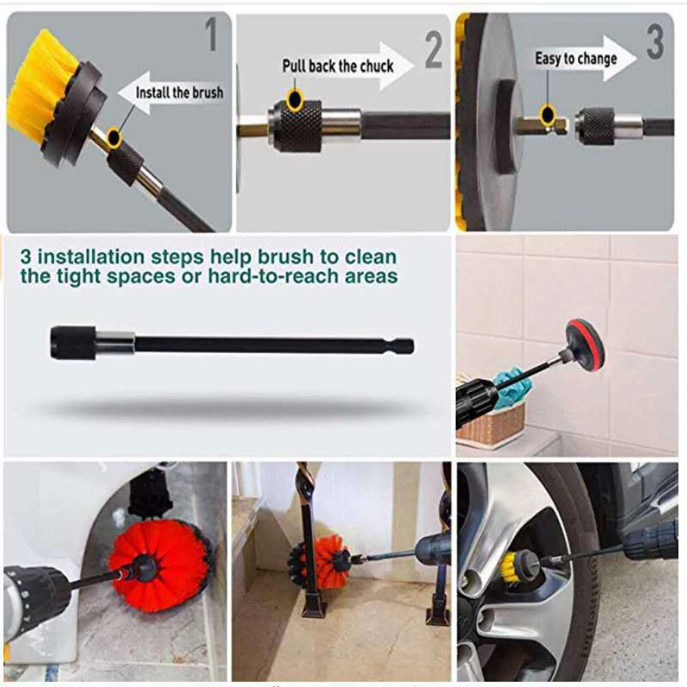 (image for) 7pc/set Attachable Electric Drill Brushes Scouring Pad For Cleaning Flooring Brick Pool Tile Ceramic Marble Grout Bathroom Car