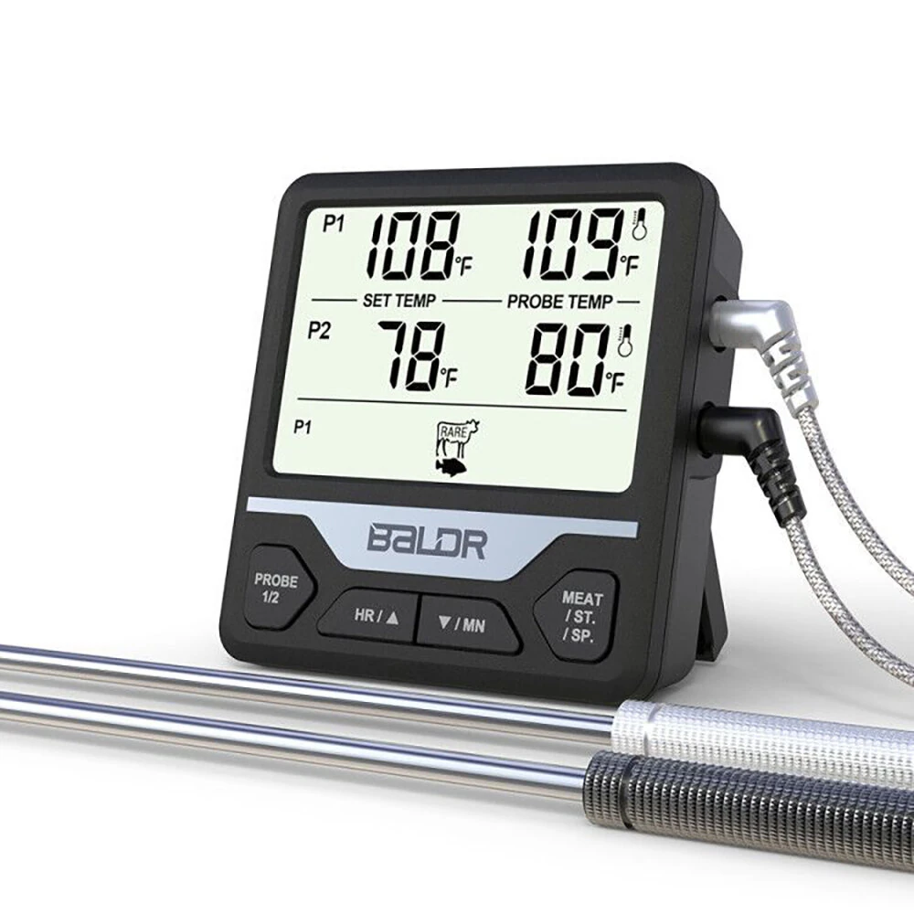(image for) BALDR Split Dual Probe Food Thermometer Large Screen Electronic Food Thermometer Intelligent Split Digital Display Dual Probe Barbecue Fork Temperature Warning