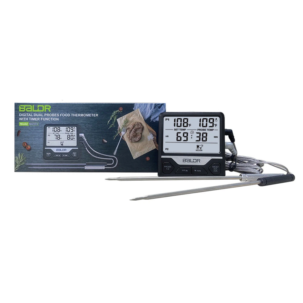 (image for) BALDR Split Dual Probe Food Thermometer Large Screen Electronic Food Thermometer Intelligent Split Digital Display Dual Probe Barbecue Fork Temperature Warning