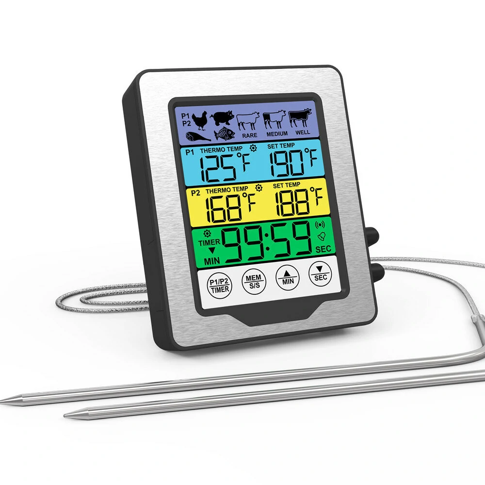(image for) Dual Probe Large Colorful Touchscreen Food Meat Thermometer Kitchen Cooking BBQ Thermometer High Temperature Alarm Fahrenheit or Celsius Preset Temperature With Stand