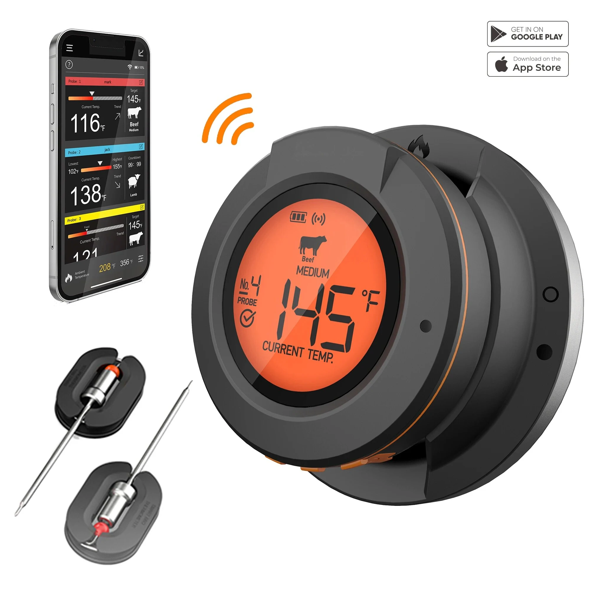 (image for) Smart Digital Bluetooth Food Cooking Waterproof IP54 Bluetooth Wireless BBQ Remote Thermometer Probes Barbecue Thermometer Free App Control Time Alarm